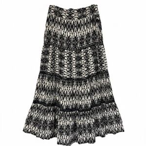 Boho Tiered Maxi Skirt | Black & White Geometric Print | Size Medium